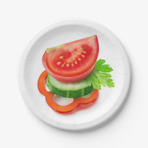Fresh vegetable pieces paper plate