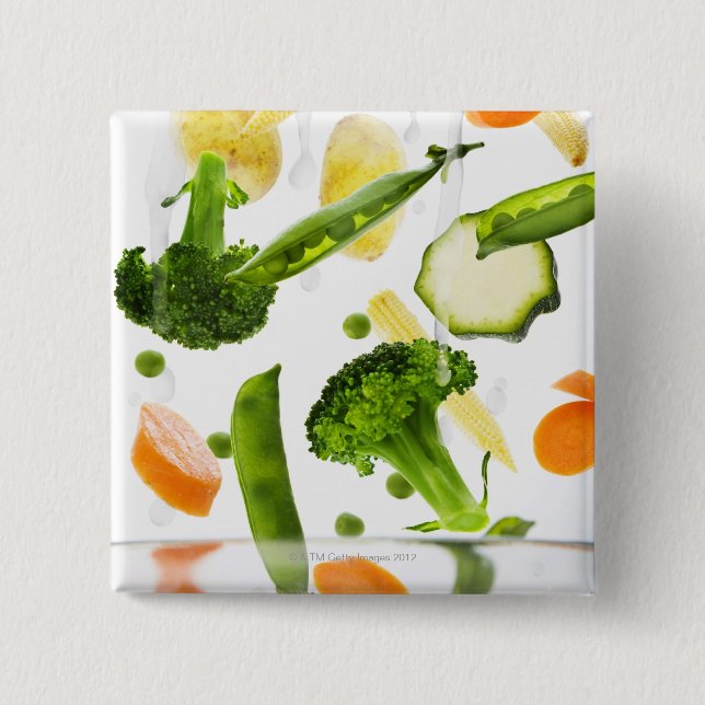 Fresh vegetables with water falling into a bowl 15 cm square badge (Front)