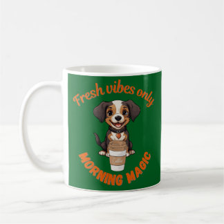 Fresh Vibes & Coffee Playful Puppy Digital Artwor Coffee Mug