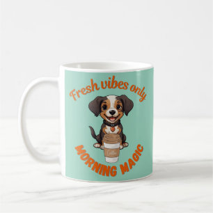 Fresh Vibes & Coffee Playful Puppy Digital Artwor Coffee Mug