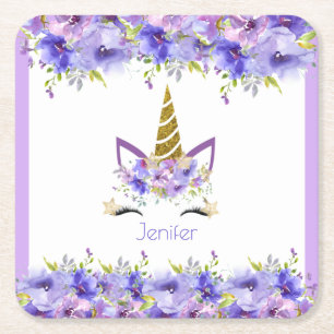 Fresh Violet Unicorn Birthday Decorations Square Paper Coaster