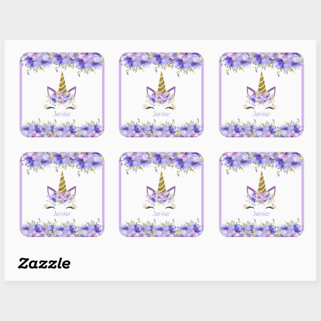Fresh Violet Unicorn Birthday Decorations Square Sticker (Sheet)