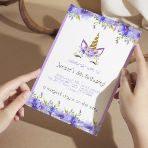 Fresh Violet   Unicorn Birthday Party Decor Invitation