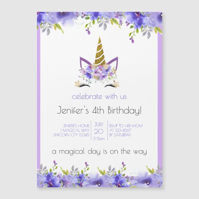 Fresh Violet | Unicorn Birthday Party Decor Magnetic Invitation (Front)
