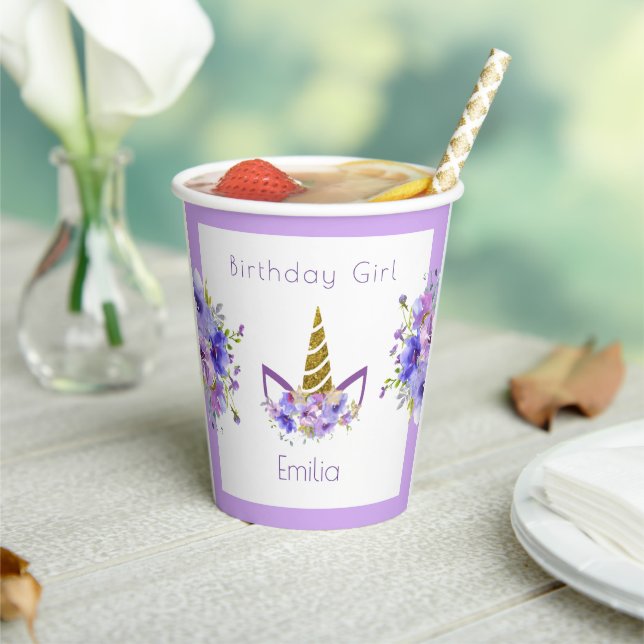 Fresh Violet | Unicorn girl Birthday Paper Cups (Insitu)