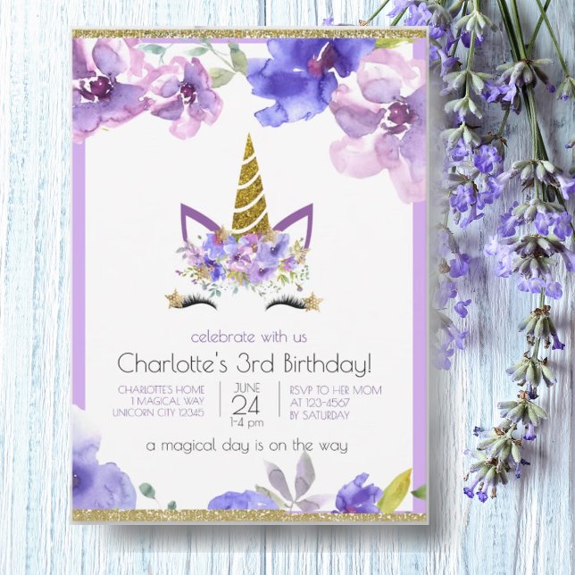 Fresh Violets | Unicorn Girl Purple Birthday Party Invitation (Creator Uploaded)