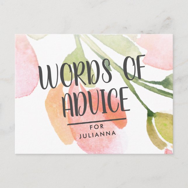 Fresh Watercolor Blooms Bridal Shower Advice Card (Front)