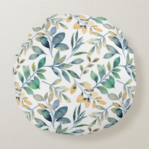 Fresh Watercolor Green and Yellow Leaf Pattern Round Cushion
