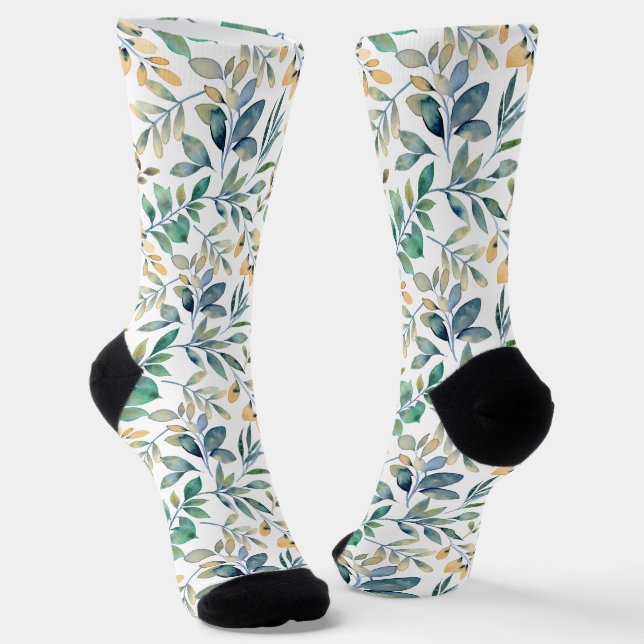 Fresh Watercolor Green and Yellow Leaf Pattern Socks (Angled)