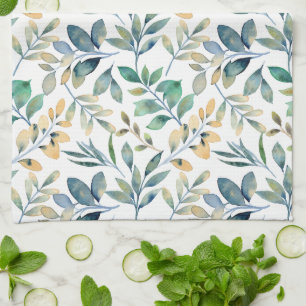 Fresh Watercolor Green and Yellow Leaf Pattern Tea Towel
