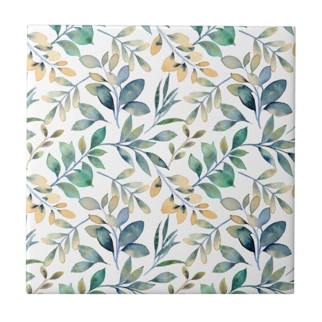 Fresh Watercolor Green and Yellow Leaf Pattern Tile (Front)
