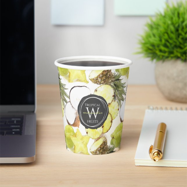 Fresh Watercolor Tropical Fruits Monogram Pattern  Paper Cups (Insitu)