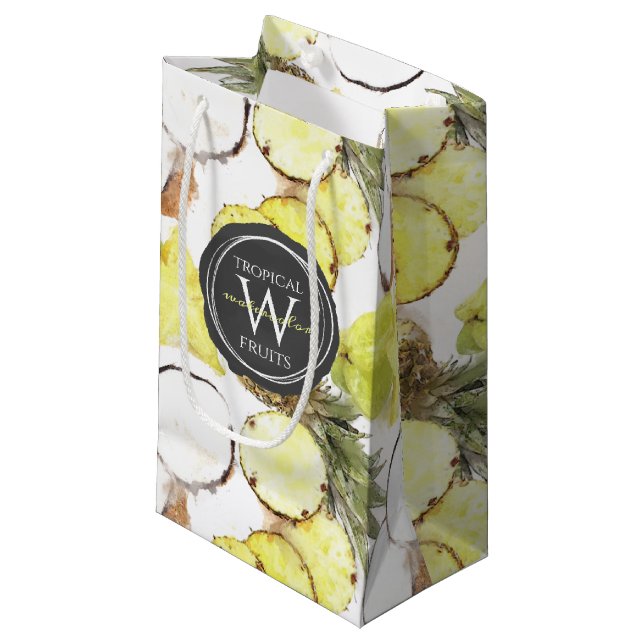 Fresh Watercolor Tropical Fruits Monogram Pattern Small Gift Bag (Front Angled)