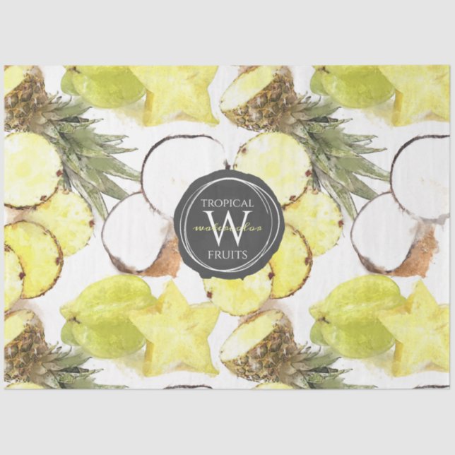Fresh Watercolor Tropical Fruits Monogram Pattern Tissue Paper (Front)