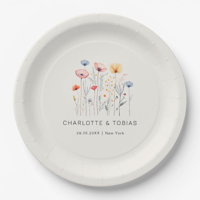 Fresh Wildflower | Beige  Wedding  Paper Plate (Front)