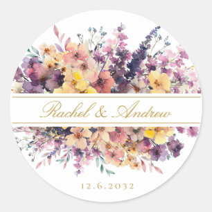 Fresh, wildflower bouquet, handwriting, wedding classic round sticker