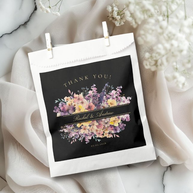 Fresh, wildflower bouquet, handwriting, wedding favour bags (Customer-Specific "Thank you!" Wedding Favor Bag with a wild-flower bouquet & scripted font.)