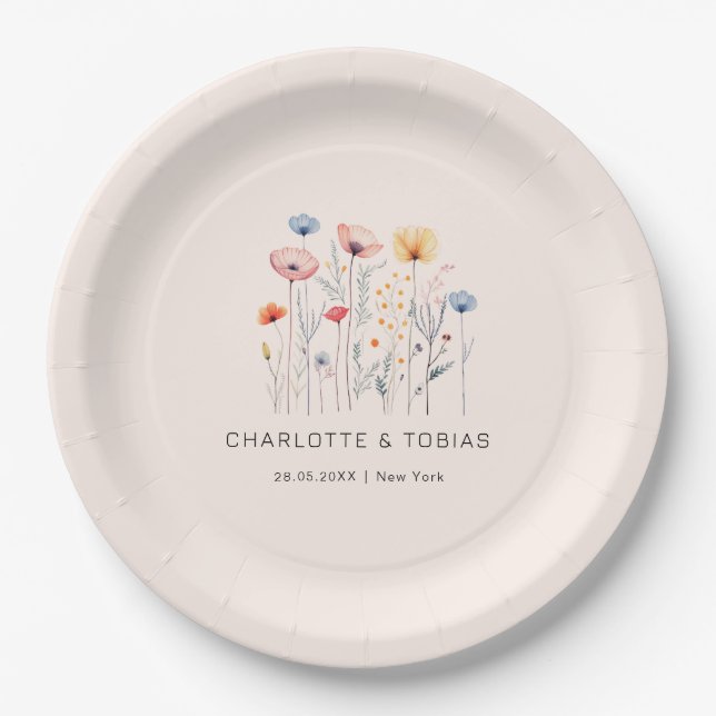 Fresh Wildflower | Light-Pink Wedding  Paper Plate (Front)