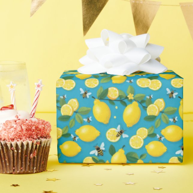 Fresh Yellow Lemons And Busy Bees Turquoise Blue Wrapping Paper (Birthday Party)
