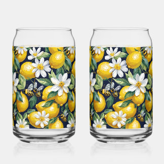 Fresh Yellow Lemons With Busy Bees & White Blooms Can Glass