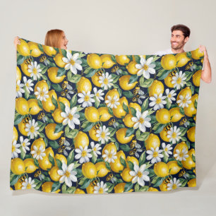 Fresh Yellow Lemons With Busy Bees & White Blooms Fleece Blanket