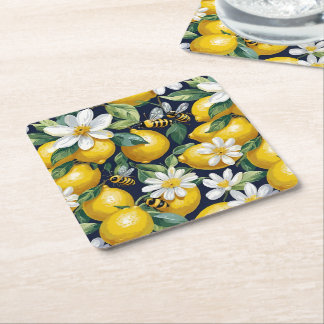 Fresh Yellow Lemons With Busy Bees & White Blooms Square Paper Coaster