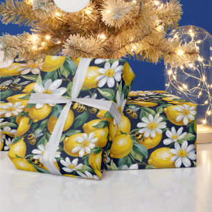 Fresh Yellow Lemons With Busy Bees & White Blooms Wrapping Paper
