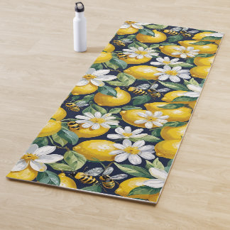 Fresh Yellow Lemons With Busy Bees & White Blooms Yoga Mat