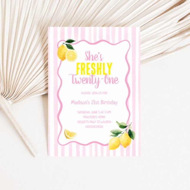 Freshly 21 Birthday Theme Lemon Pink Stripes Invitation (Creator Uploaded)