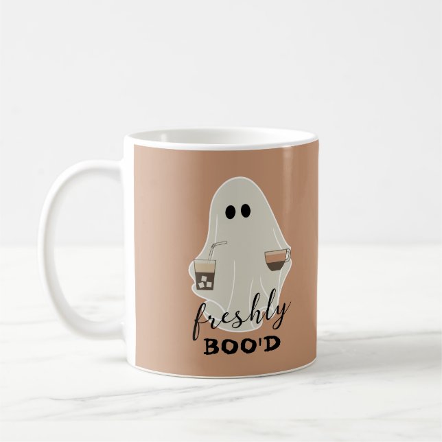 Freshly Boo'd | Halloween Cute Ghost Lovers Brown Coffee Mug (Left)