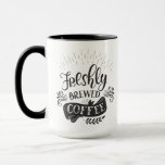 Freshly Brewed Coffee Personalised Mug<br><div class="desc">This mug features whimsical hand lettering that says "Freshly Brewed Coffee" on a white background. The lettering features decorative swashes and ornamental swirls. On the back there is a black coffee mug you can personalise with a name.</div>