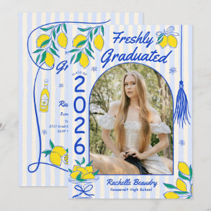 Freshly Graduate Lemon Citrus Blue Stripes Grad  Invitation