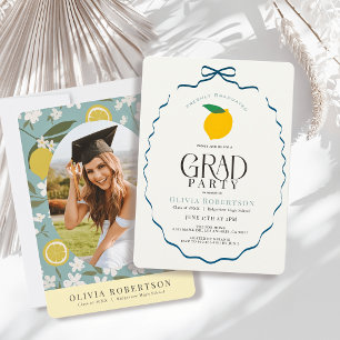 Freshly Graduated Blue Bow Lemon Photo Graduation Invitation
