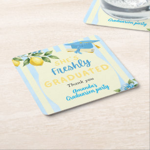 Freshly Graduated Blue Stripe Lemon Graduation Square Paper Coaster