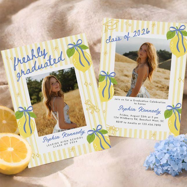 Freshly Graduated Lemon Blue Bow Graduation Invitation (Creator Uploaded)