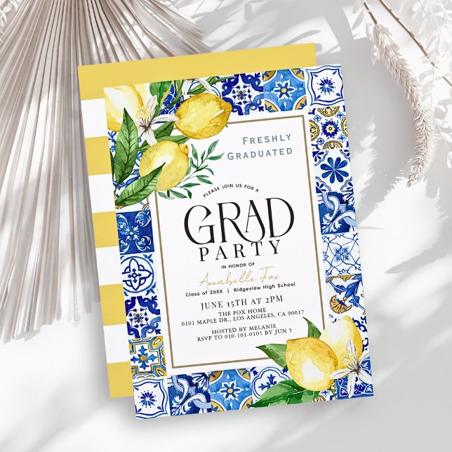 Freshly Graduated Lemon Blue Tile Graduation Invitation (Creator Uploaded)