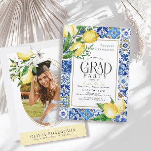 Freshly Graduated Lemon Blue Tile Photo Graduation Invitation