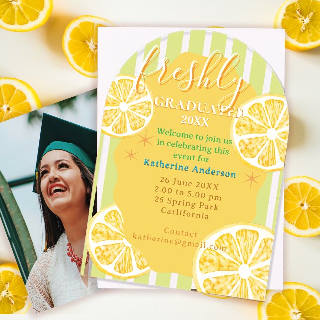 Freshly Graduated Lemon Gingaham  Acrylic Invitations (Freshly Graduated Acrylic Invitation Card.)