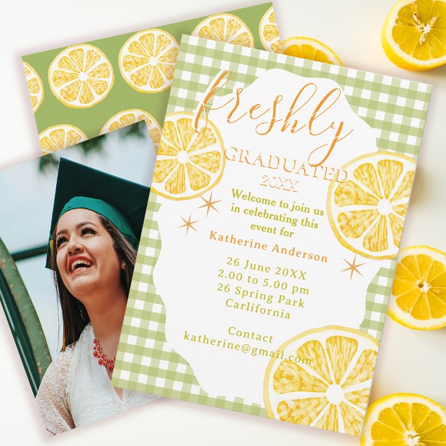 Freshly Graduated Lemon Gingaham  Card (Freshly Lemon Graduated Invitation Card.)