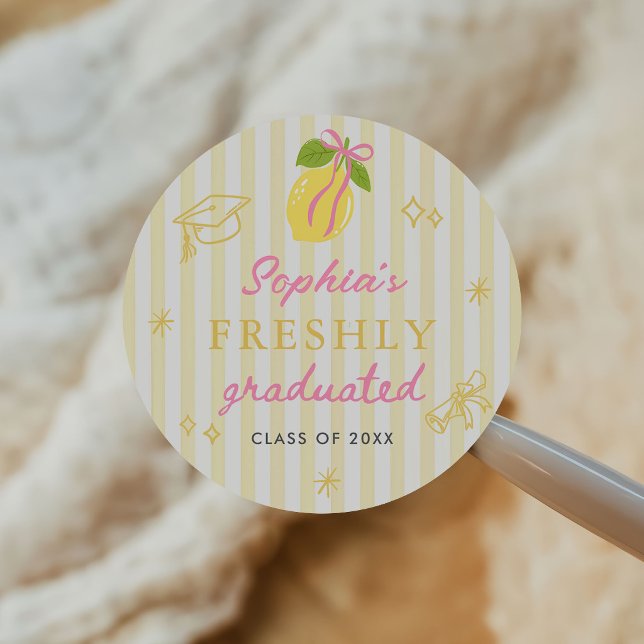 Freshly Graduated Lemon Pink Bow Graduation Classic Round Sticker (Creator Uploaded)