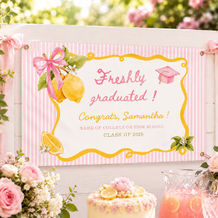 Freshly graduated lemon pink bow graduation party banner