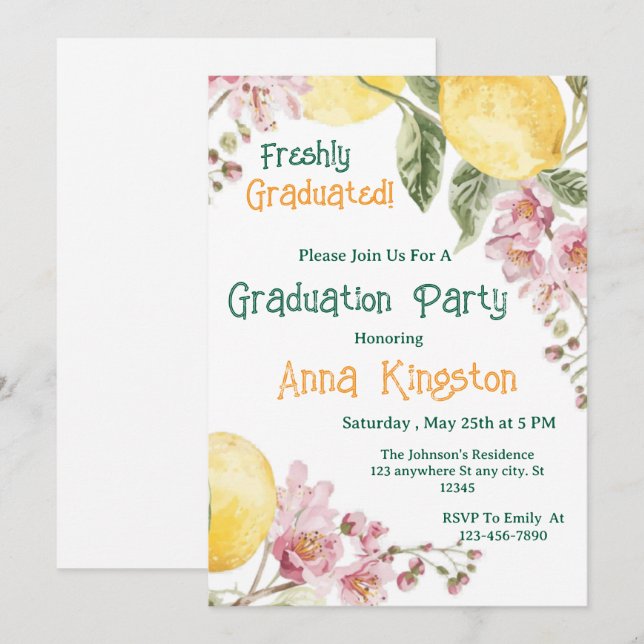 Freshly Graduated Lemon Pink Graduation Invitation (Front/Back)