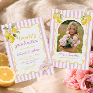 Freshly Graduated Lemon Pink Stripes Graduation Invitation