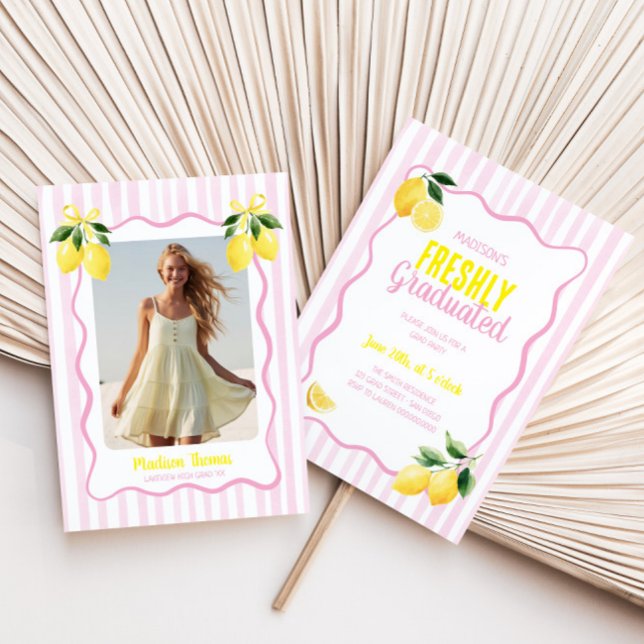 Freshly Graduated Lemon Pink Stripes Graduation Invitation (Creator Uploaded)