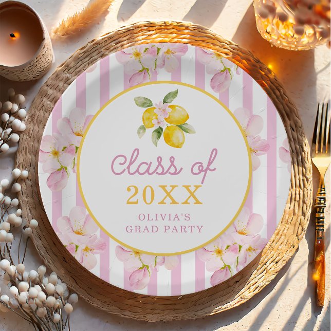 Freshly Graduated Lemon Pink Stripes Graduation Paper Plate (Creator Uploaded)