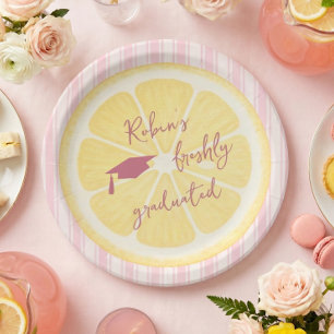 Freshly Graduated Lemon Stripes Grad Party Paper Plate