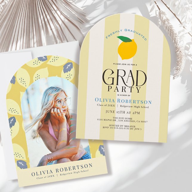 Freshly Graduated Lemon Yellow Stripes Graduation Invitation (Creator Uploaded)