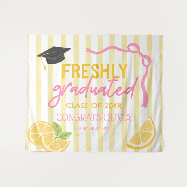 Freshly Graduated Lemonade Grad Party Backdrop Tapestry (Front (Horizontal))