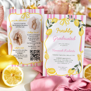 Freshly Graduated Pink Lemon Yellow Bow Photo QR Invitation