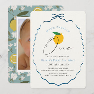 Freshly One Blue Bow Lemon Photo 1st Birthday Invitation